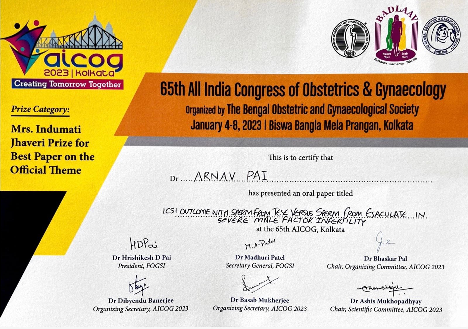 Dr. Indumati Jhaveri Prize — First Prize certificate