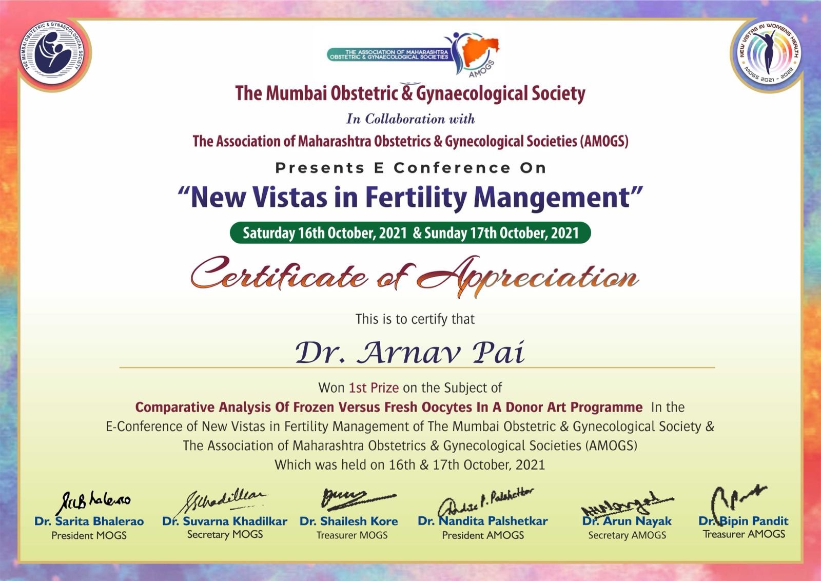 AMOGS Scientific Presentation — First Prize certificate