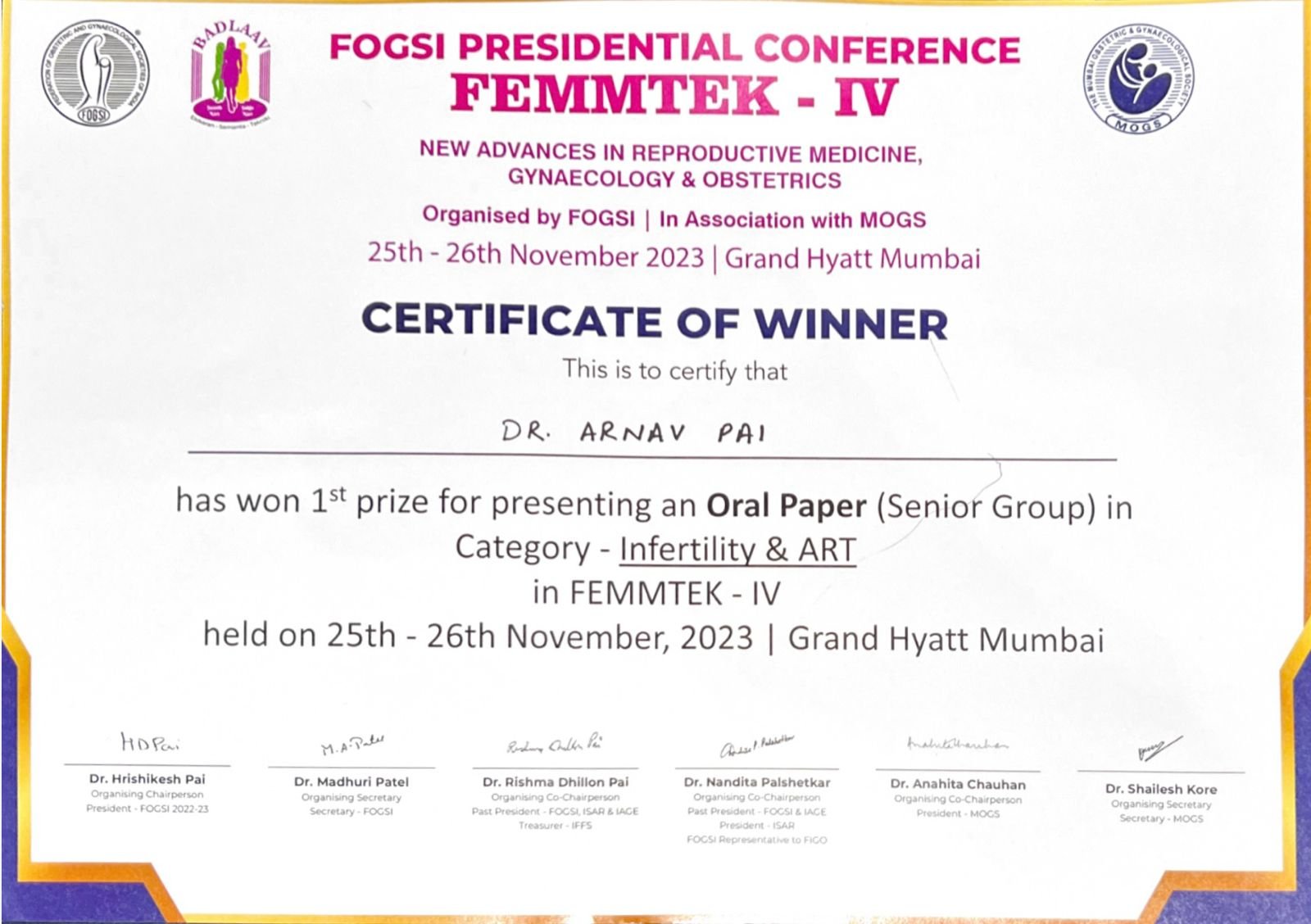 FEMMTEK IV — First Prize in Infertility & ART certificate