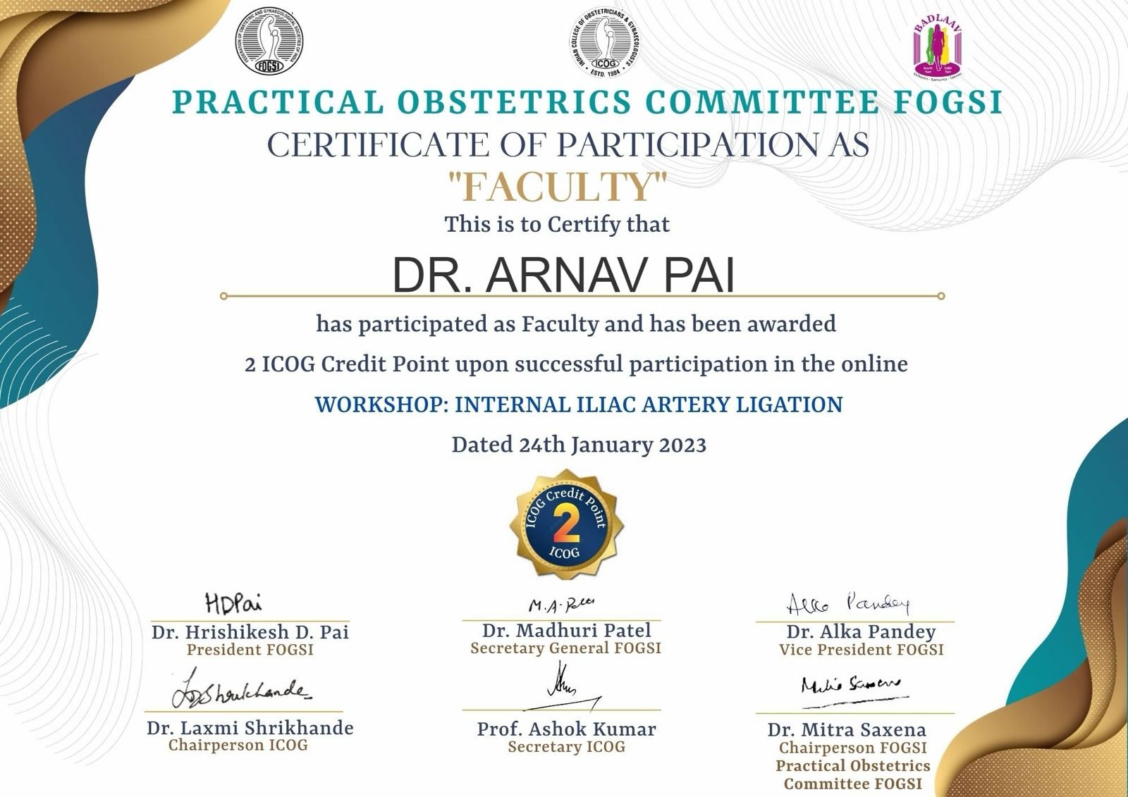 Faculty — Internal Iliac Artery Ligation Workshop certificate