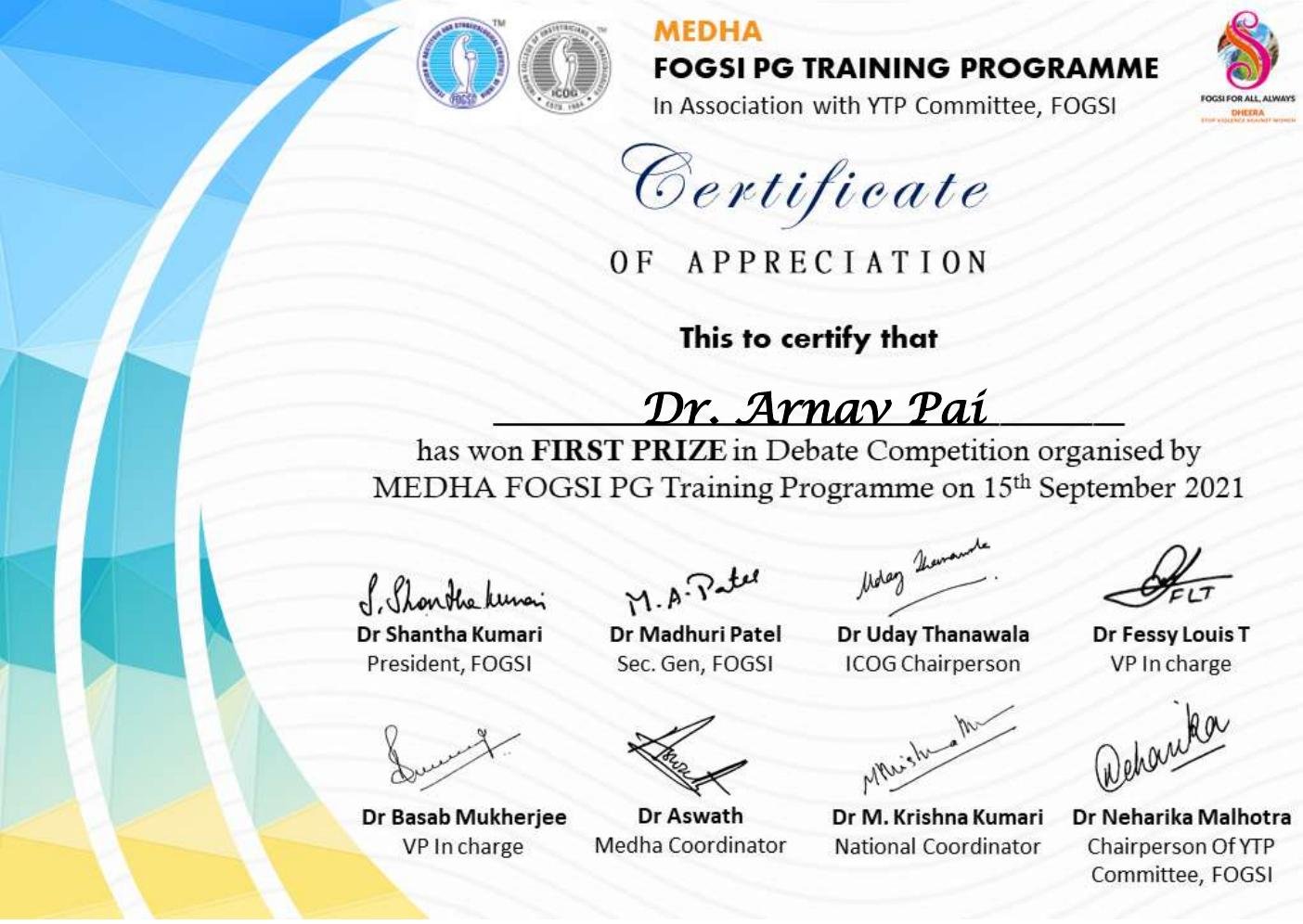 MEDHA FOGSI Debate Competition — First Prize certificate