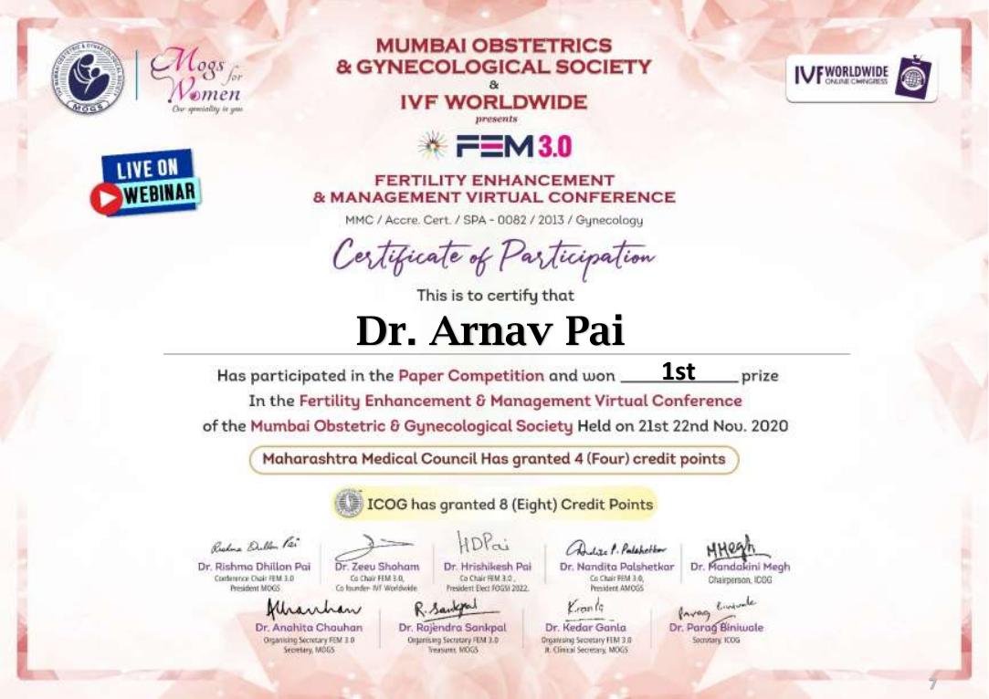 MOGS Fertility Enhancement & Management — First Prize certificate