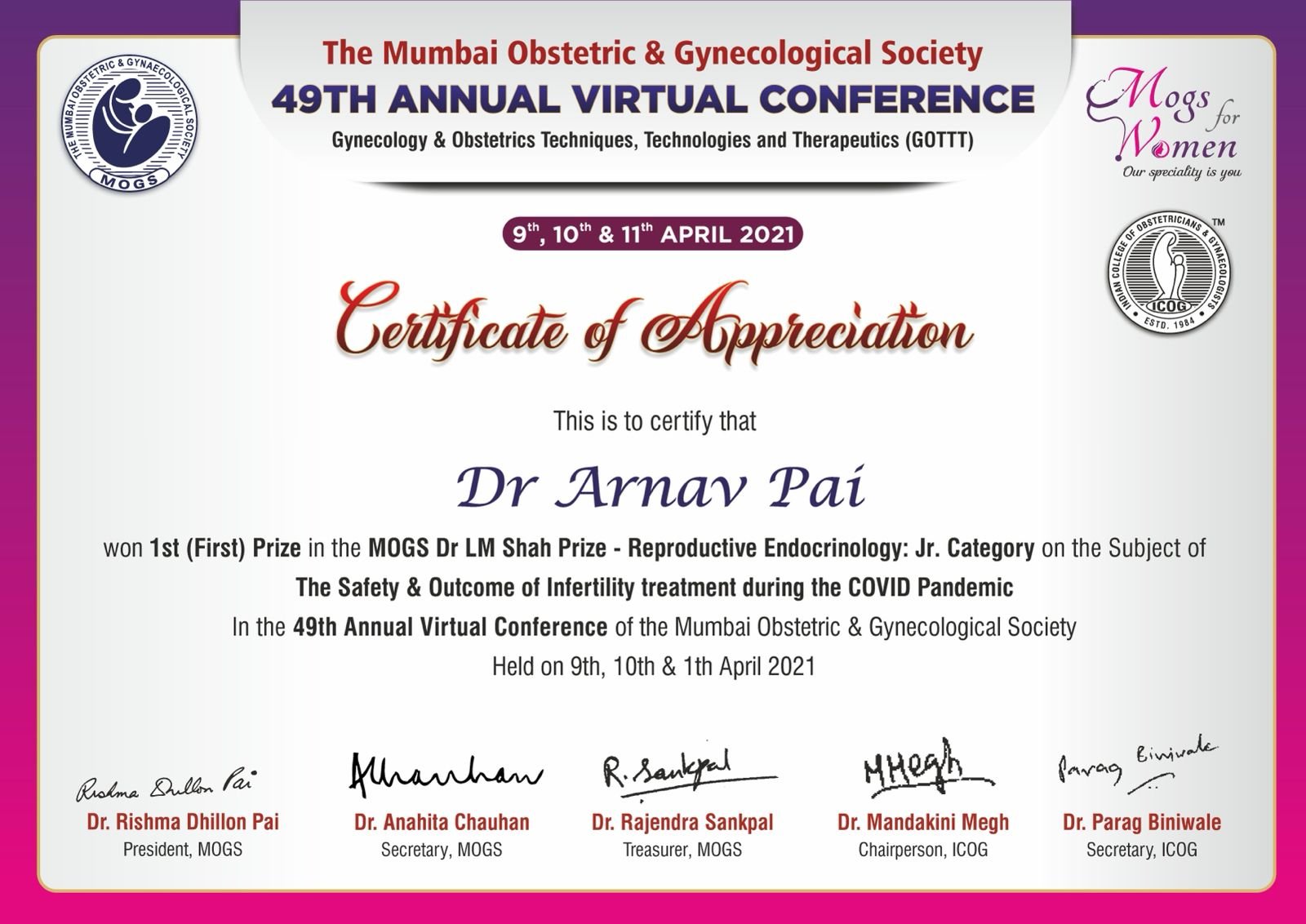 Dr. L. M. Shah Prize — Reproductive Endocrinology certificate