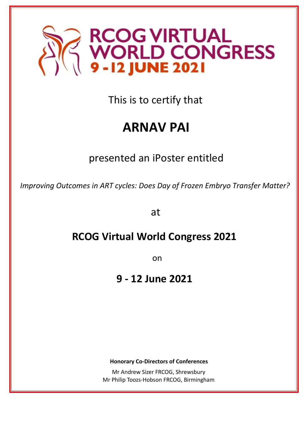 RCOG Virtual World Congress — iPoster Presentation certificate