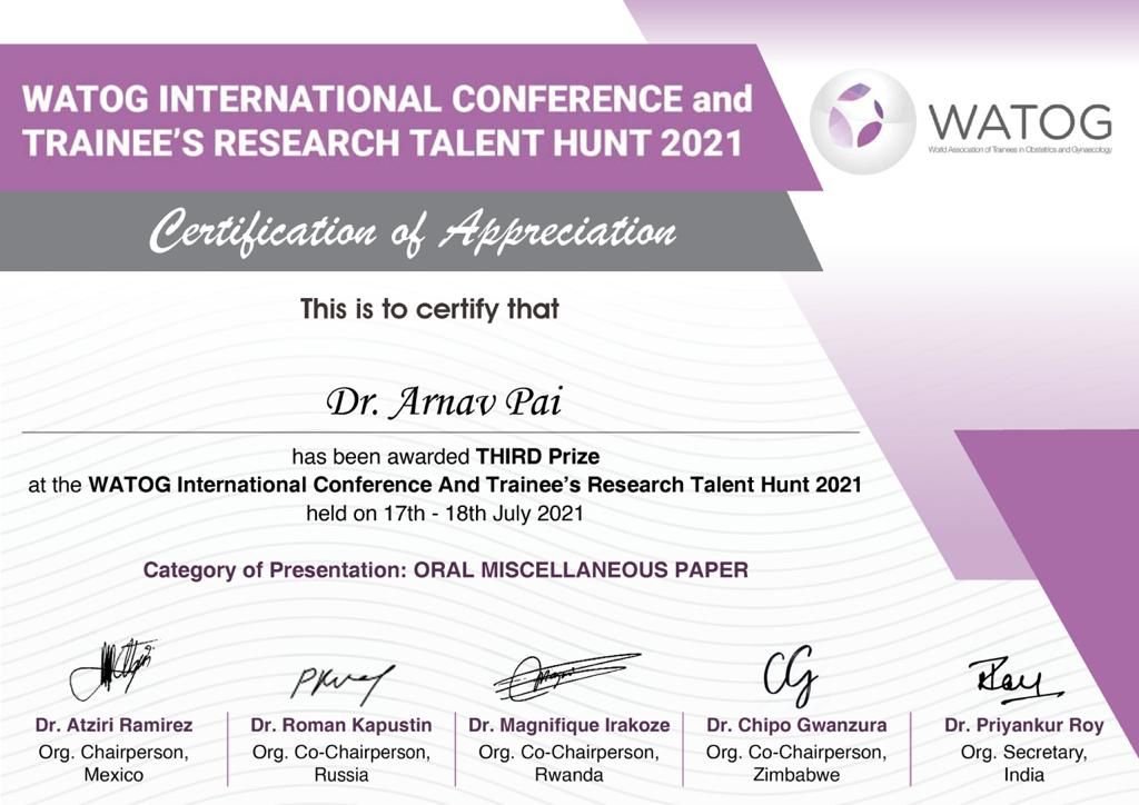 WATOG Oral Paper — Third Prize certificate