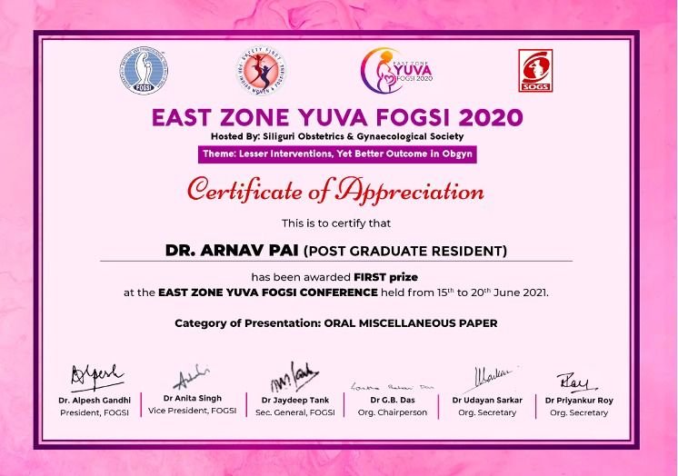 East Zone YUVA FOGSI — Oral Paper First Prize certificate